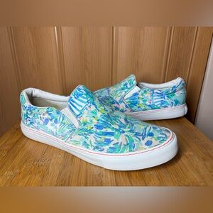 Lilly Pulitzer Julie Slip on Sneakers -Blue Ibiza Cabana Cocktail pattern SZ 9